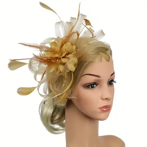 1PC Women Mesh Flower Feather Fascinator Headband with Clip Cocktail Party Headpiece for Women