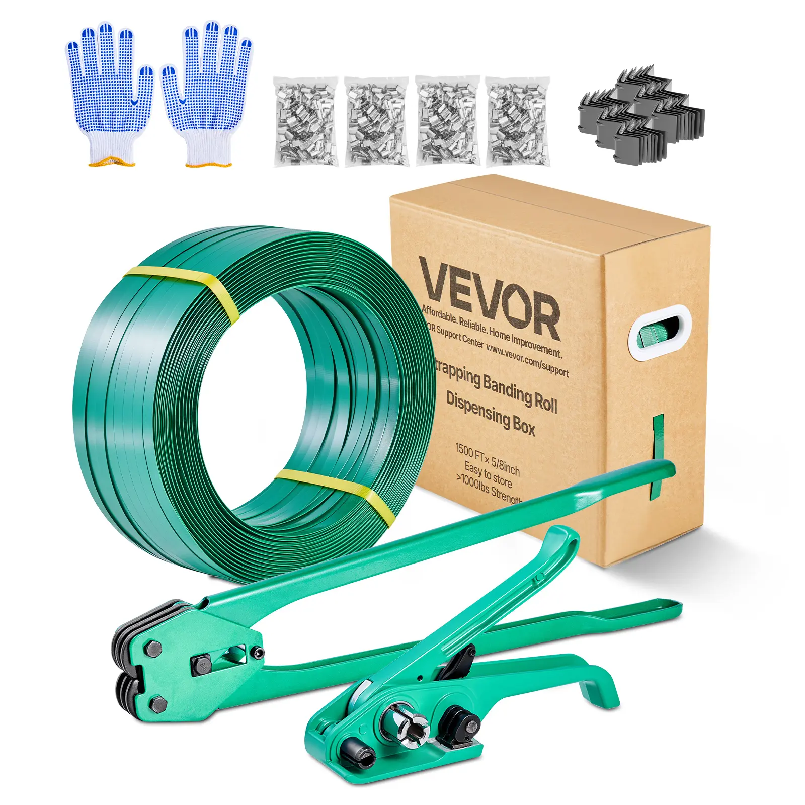 【SummerFinds】VEVOR Banding Strapping Kit, Heavy Duty Banding Sealer Tool with 1500 ft PET Band, 450 Metal Seals, 150 Corner Protectors & Gloves, Plastic Pallet Packaging Strapping Kit for Warehouse/Shipping/Moving, Manual Strapping Sealer, Strapping Ro