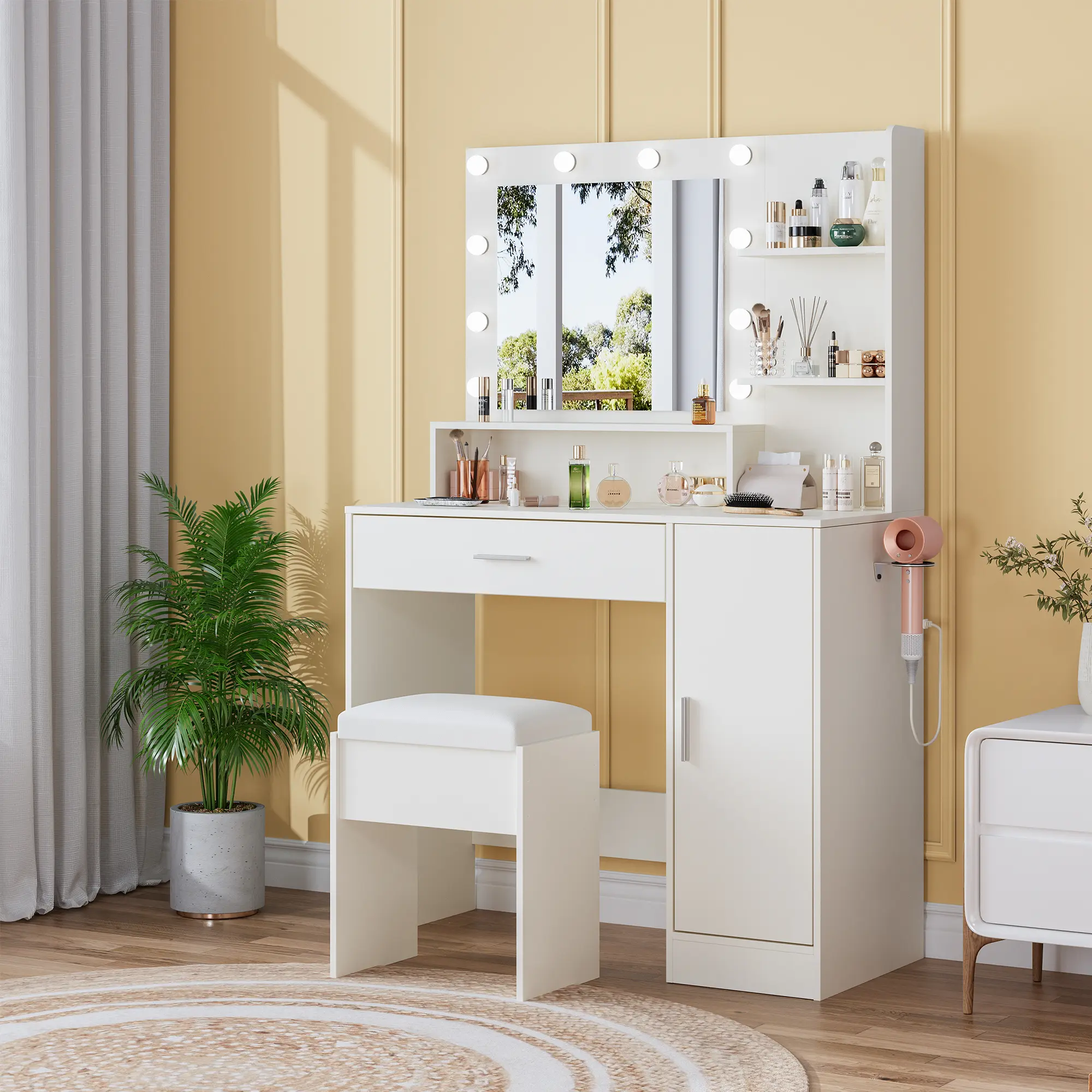 Natural Modern Vanity Set with Built-In Lighted Mirror - 3 Adjustable Brightness Modes, Large Drawers, 3-Level Storage Dresser, Waterproof, Cushioned Desk Design for Bedroom Organization (Lighted/Modern Mirrored Bedroom Furniture), Vanity Desk Design