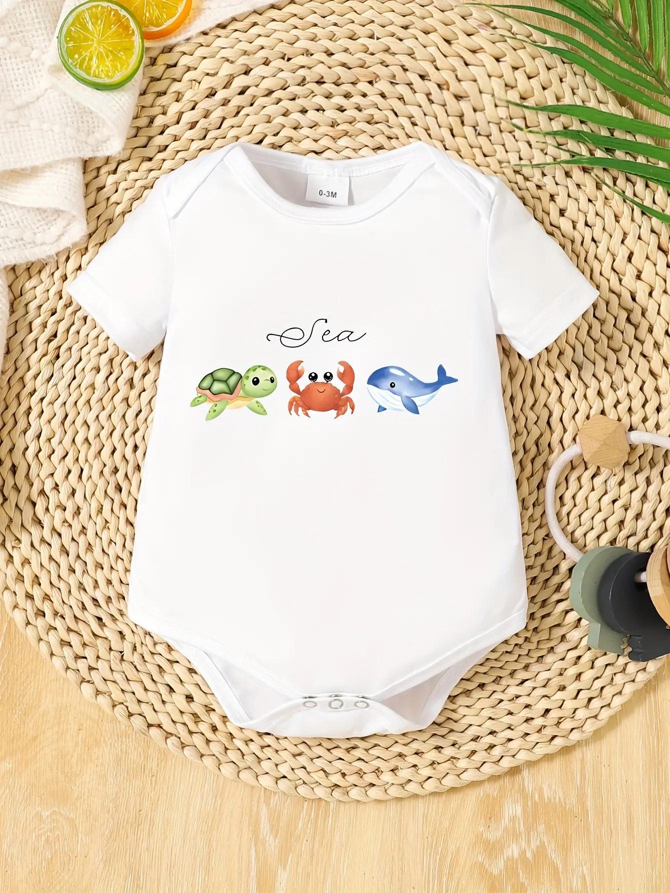 Unisex White Baby Short Sleeve Bodysuit, Sea Turtle Crab Whale Ocean Animal Newborn Cotton Onesie
