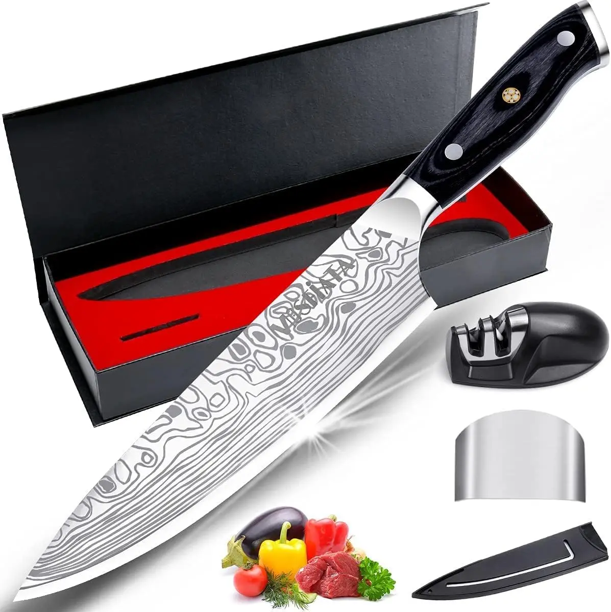 MOSFiATA Premium Traditional Kitchen Knives Set - 8-in Chef, 7-in Santoku & Vegetable Knives, 12/10-Piece German/Damascus 55-57 HRC Steel Blade Kitchenware with Portable Carry Roll, Block for Travel Prep, Cutting Tasks (Father’s Day Gift Option), Knives K