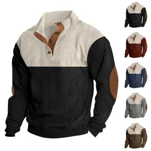 Men's half placket buttoned stand collar striped patchwork sweater suitable for spring and autumn