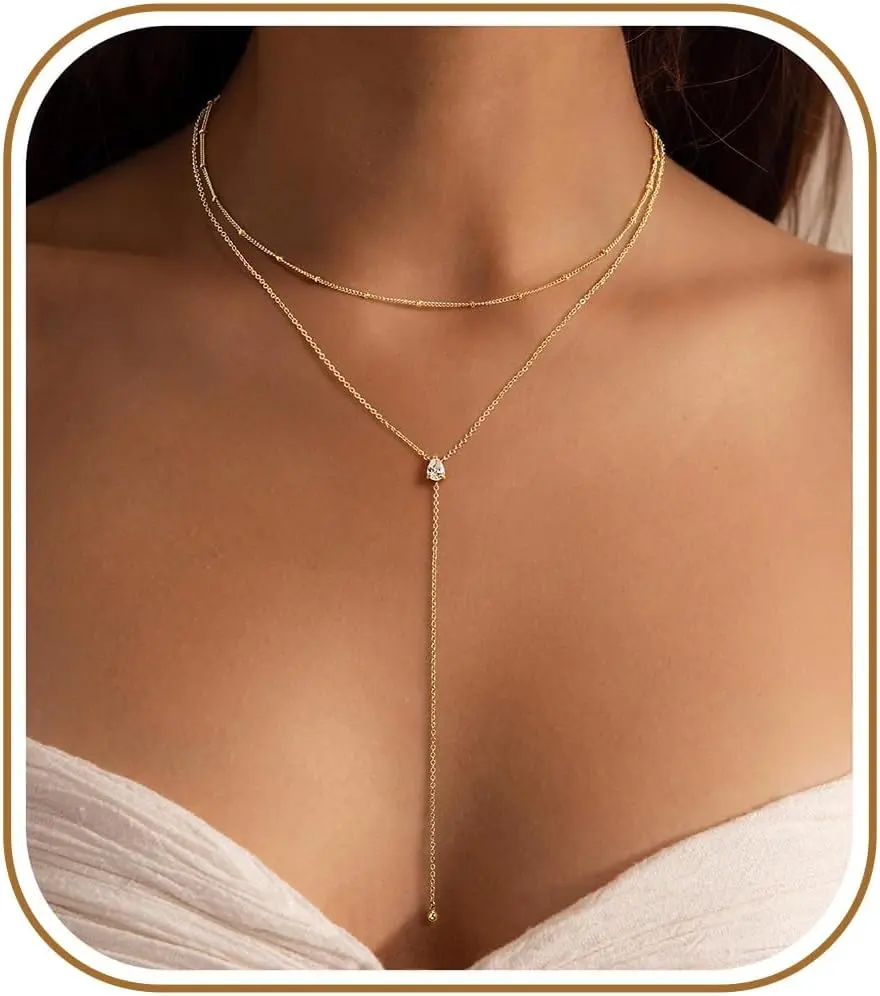 Ursteel Dainty Lariat Necklace for Women, 14K Gold Plated Y-Shaped Long Necklace Layered Drop Necklaces Pearl Cross Clover Cubic Zirconia Charm Necklaces Jewelry Gifts for Women