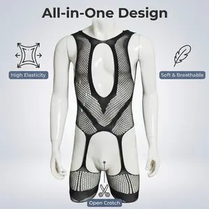 Women's V03 Romantic Fishnet Bodysuit Set - Stretchy, Breathable Mesh Punk Undergarments with Sexy Lace, Leather Waist Chain, Ideal for Date Night, Valentine's Day Gifts