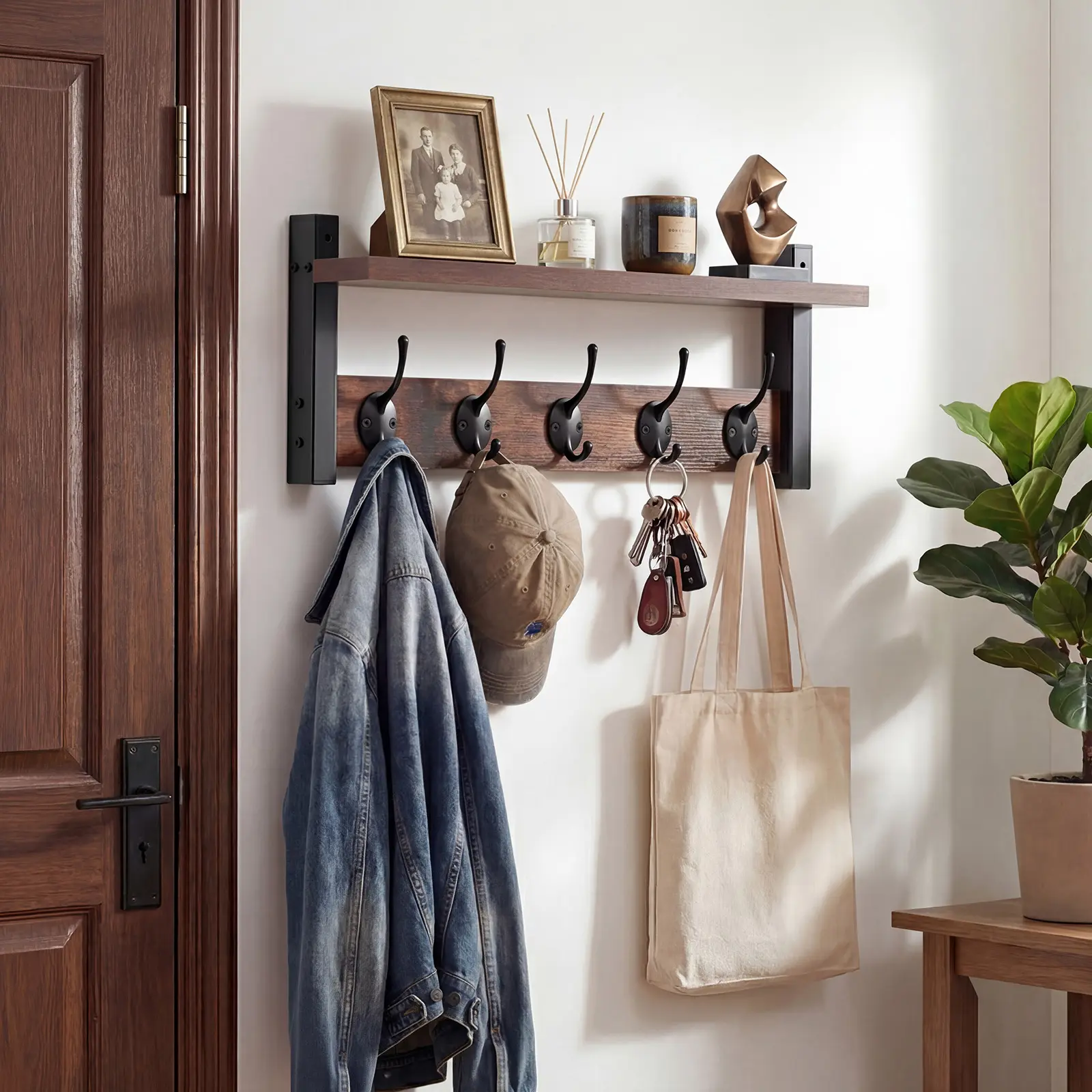 LOVEWE Coat Rack Shelf Wall Mounted, Coat Hooks Set of 1, Entryway Coat Hanger with 5 Hooks, Wall Floating Shelf with Hat Rack, for Kitchen, Bedroom, Bathroom, Rustic Brown