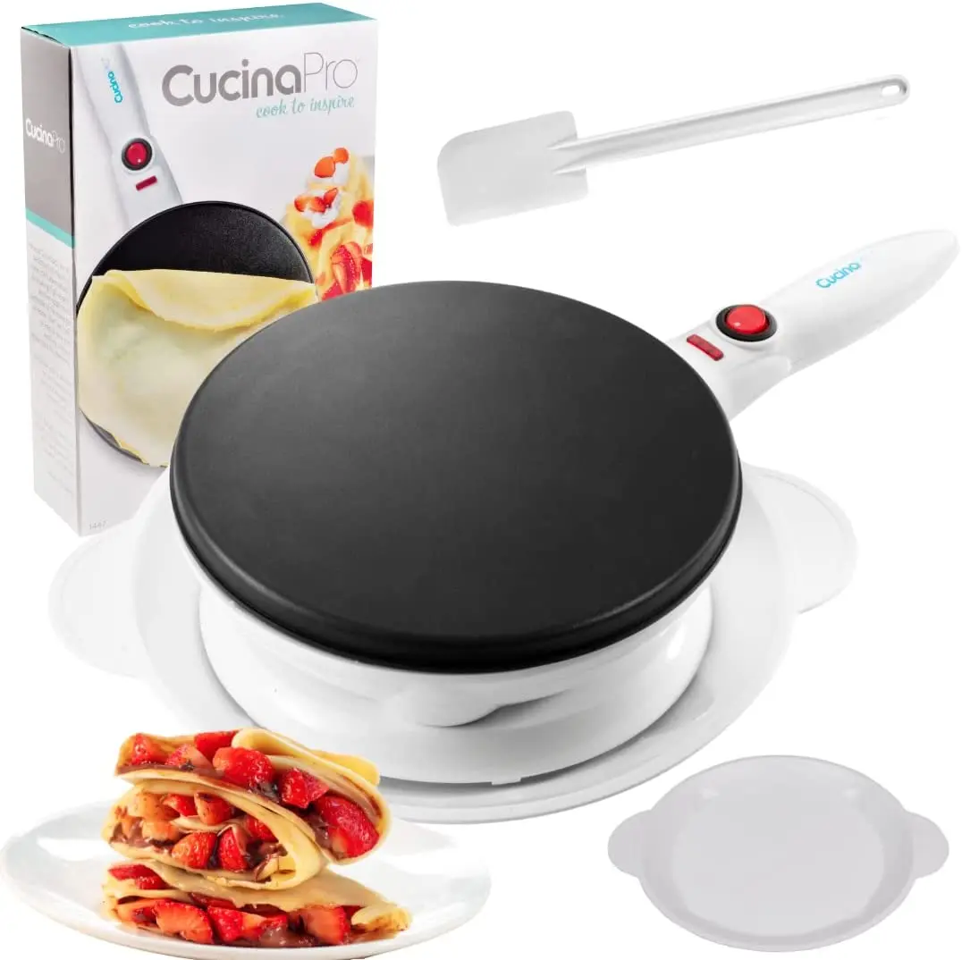 CucinaPro Cordless Crepe Maker - FREE Recipe Guide, Non Stick Dipping Plate plus Electric Base and Batter Spatula, Portable and Compact Baker, Unique Homemade Morning Breakfast Treat or Gift