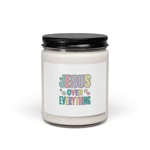 Christian Jesus Over Everything Jar Candle - Colorful Rainbow Scripture Design, Cozy Soy Glass Candle for Home Decor