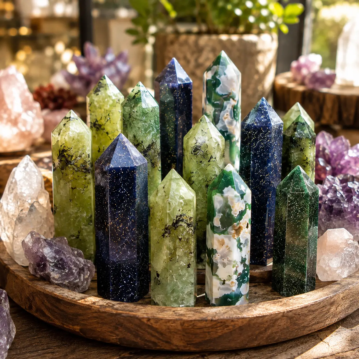 Natural multi-material crystal pillars, including prehnite, moss agate, blue goldstone, and green goldstone pillars.Mineral Specimen, Unique Home Decor, Ideal Gift For Crystal Collectors.Bohemian Style Unique Texture for DIY Making,Christmas,Valentine'