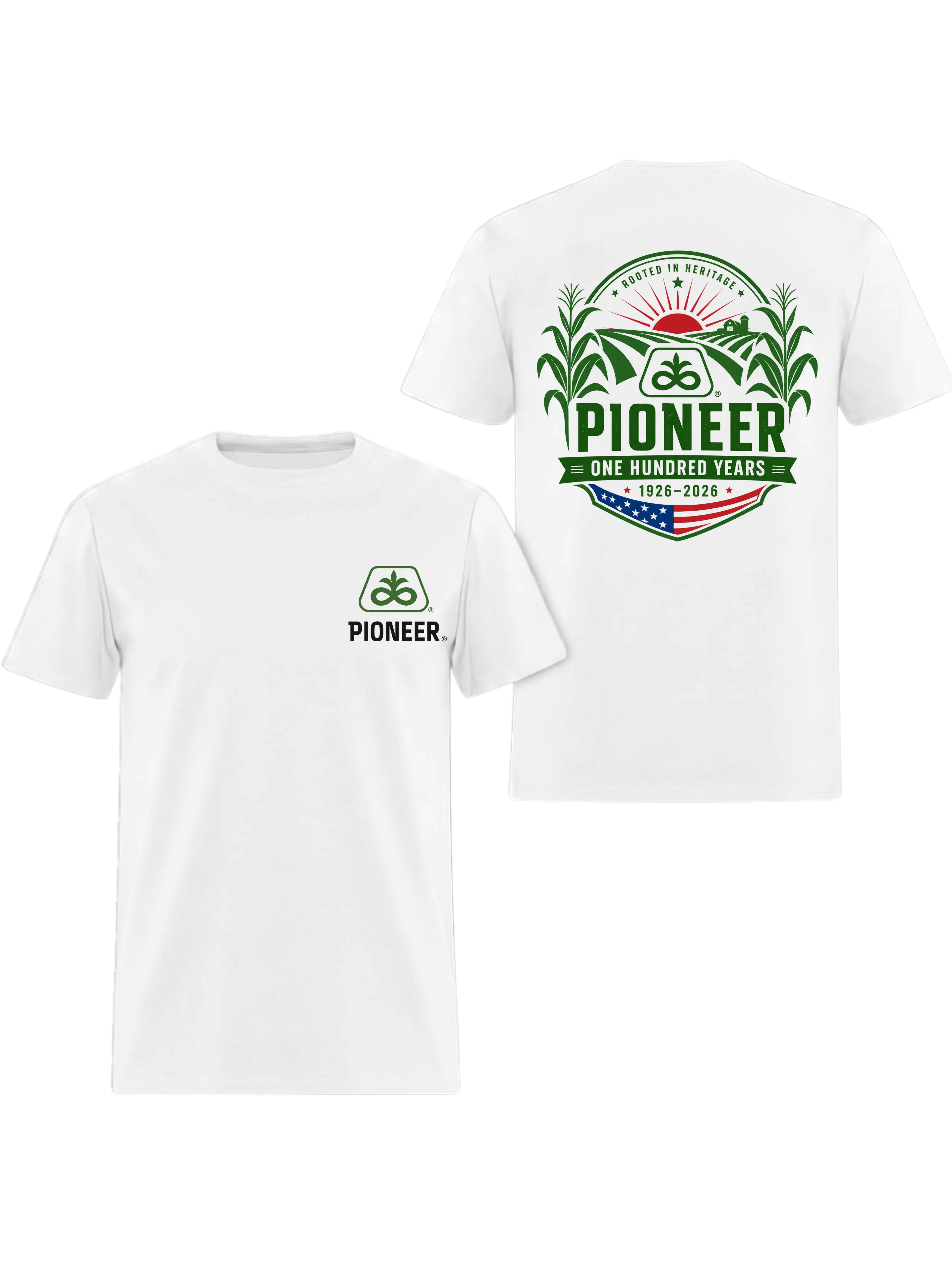 Pioneer Rooted In Heritage Centennial T-Shirt, 2 Sides, American Farmer Pioneer Graphic Tee