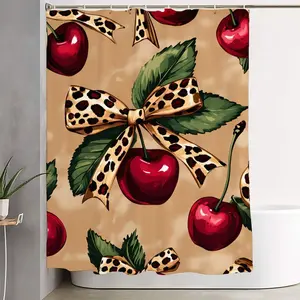 1/4pcs Chic Retro Cherry & Leopard Print Bathroom Decor Set, Shower Curtain Sets, Shower Curtain, Bath Mat, U-Shaped Toilet Mat, Toilet Lid Cover for Cozy Fall Vibe - Warm Tan & Deep Red Accents with Bows