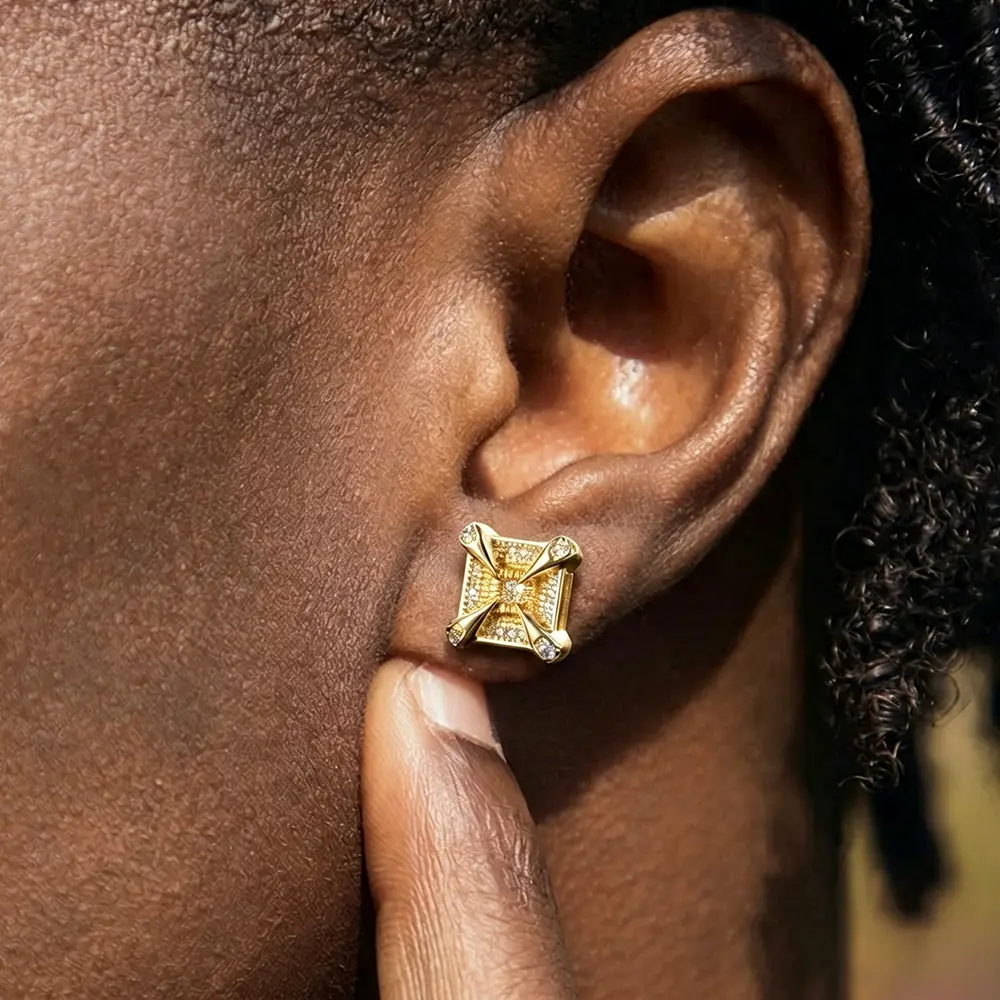 18K Gold Plated Square Stud Earring Iced Out Cubic Zirconia  For Men and Women Hypoallergenic Earring Hip Hop Jewelry