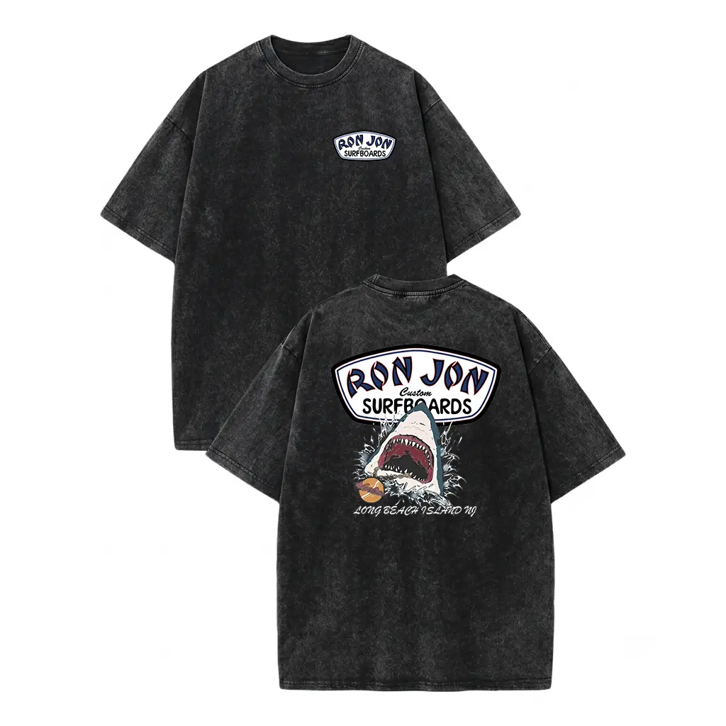 Unisex Ron Jon Surfboards Shark Graphic Washed 100% Premium Cotton Oversized Relaxed Fit Short-Sleeve T-Shirt - Y2K Casual Streetwear, Retro Beach Surf Aesthetic Top, Summer Vacation Gift for Men