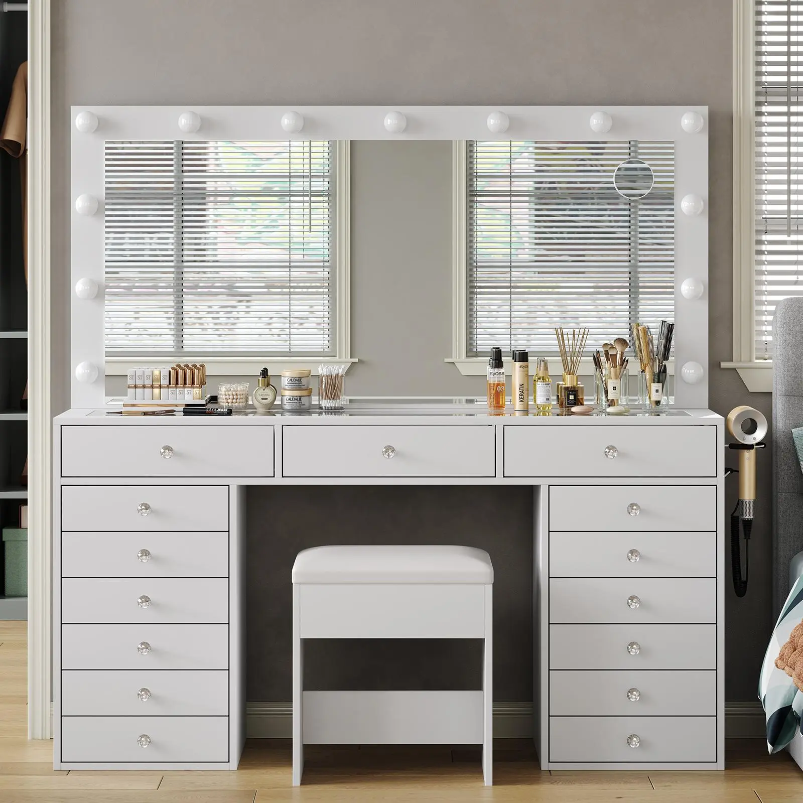 FUSOU 55" W Vanity Desk [Shipping by 2 Packages] Makeup Vanity with Charging Station, 15 Drawers Vanity with Lighted Mirror, 3 Lighting Modes, Brightness Adjustable, Glass Top, Vanity Table with Chair for Bedroom,SummerVibe,dorm essentials,home decor