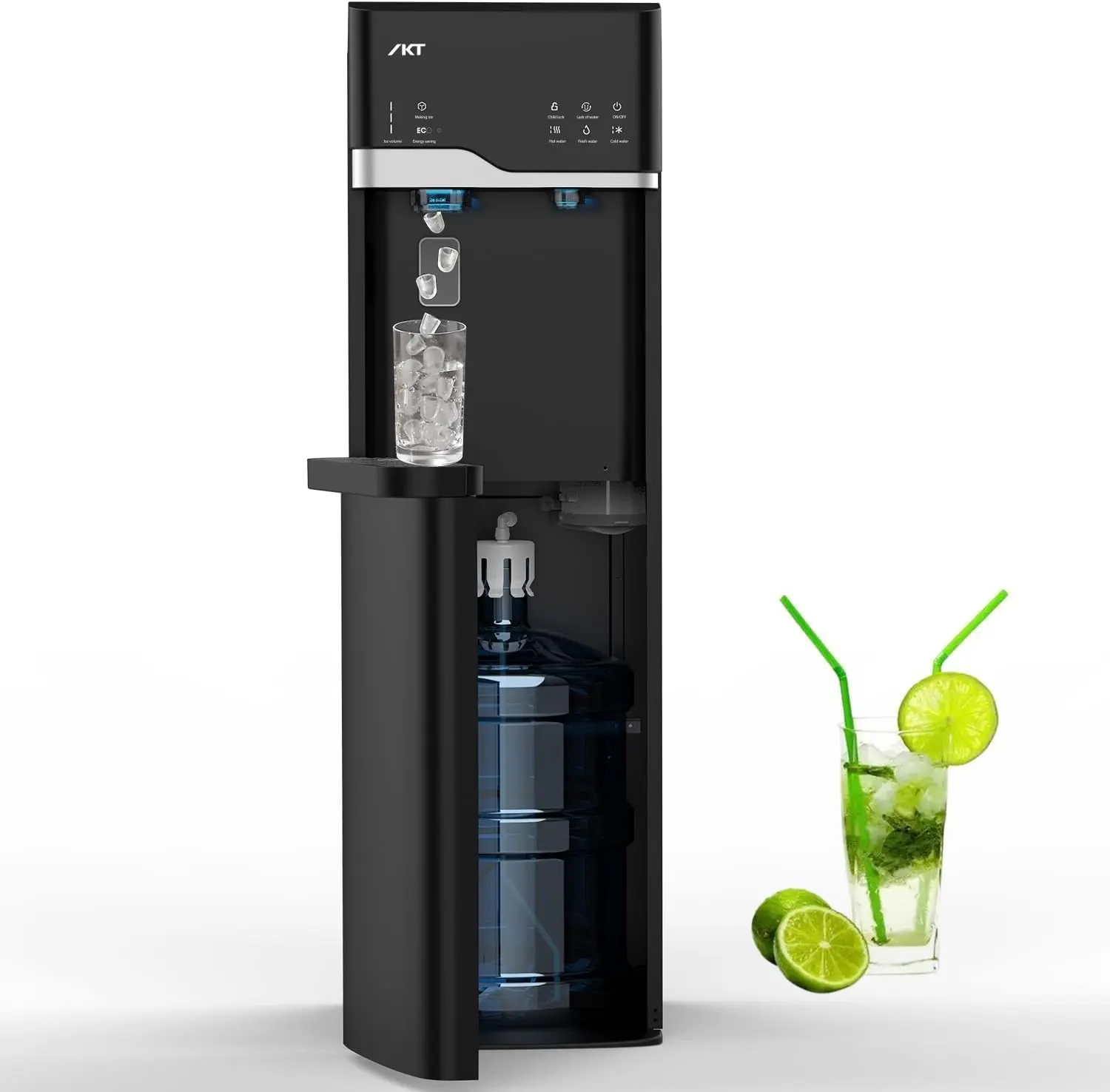 IKT&SOOPYK Bottom Loading Self-Cleaning Water Dispenser with Ice Maker for 5 Gallon Bottle 22lbs Ice/24H, Empty Bottle Alert Black