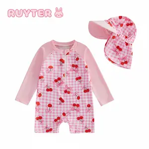 Toddler Girl Rash Guard Swimsuit Strawberry/Bow/Cherry Print Long Sleeves Front Zipper Bathing Suit with Hat
