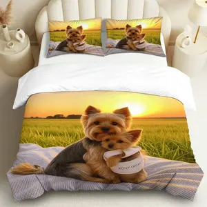 3PCS Duvet Cover Set, 1 Duvet+2 Pillowcases(Without filler), Cute Yorkshire Terriers Sunset Field Dog theme, Christmas bedding set, Cozy Soft Warm Suitable for decoration bedroom, guest room, living room, holiday house.