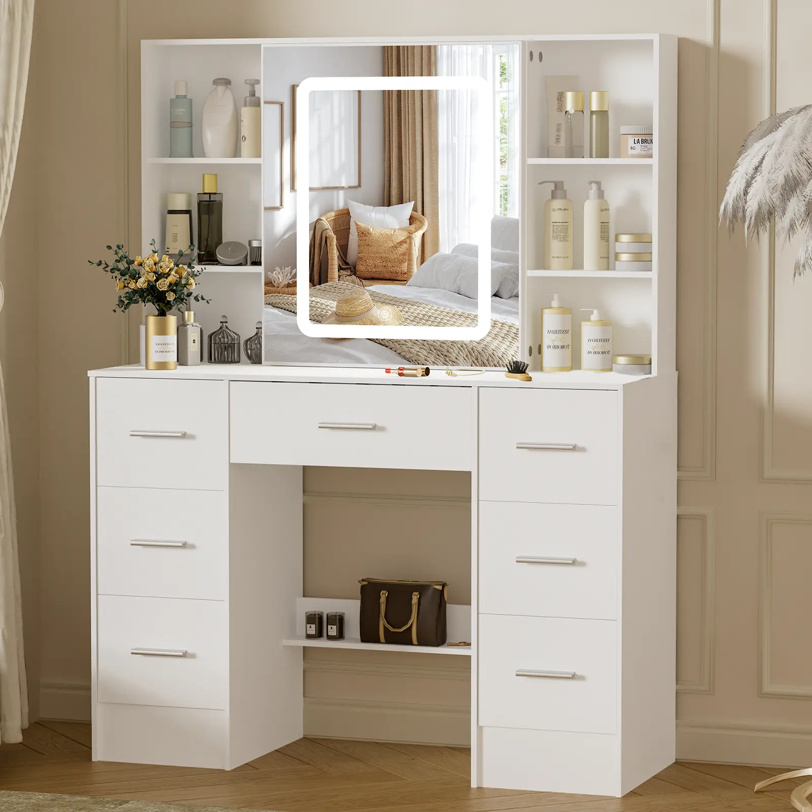 White Makeup Vanity Desk with Sliding Mirror and Lights, LED Vanity Table with 3 Color Modes & Adjustable Brightness, 7 Drawers & Shelves, for Bedroom