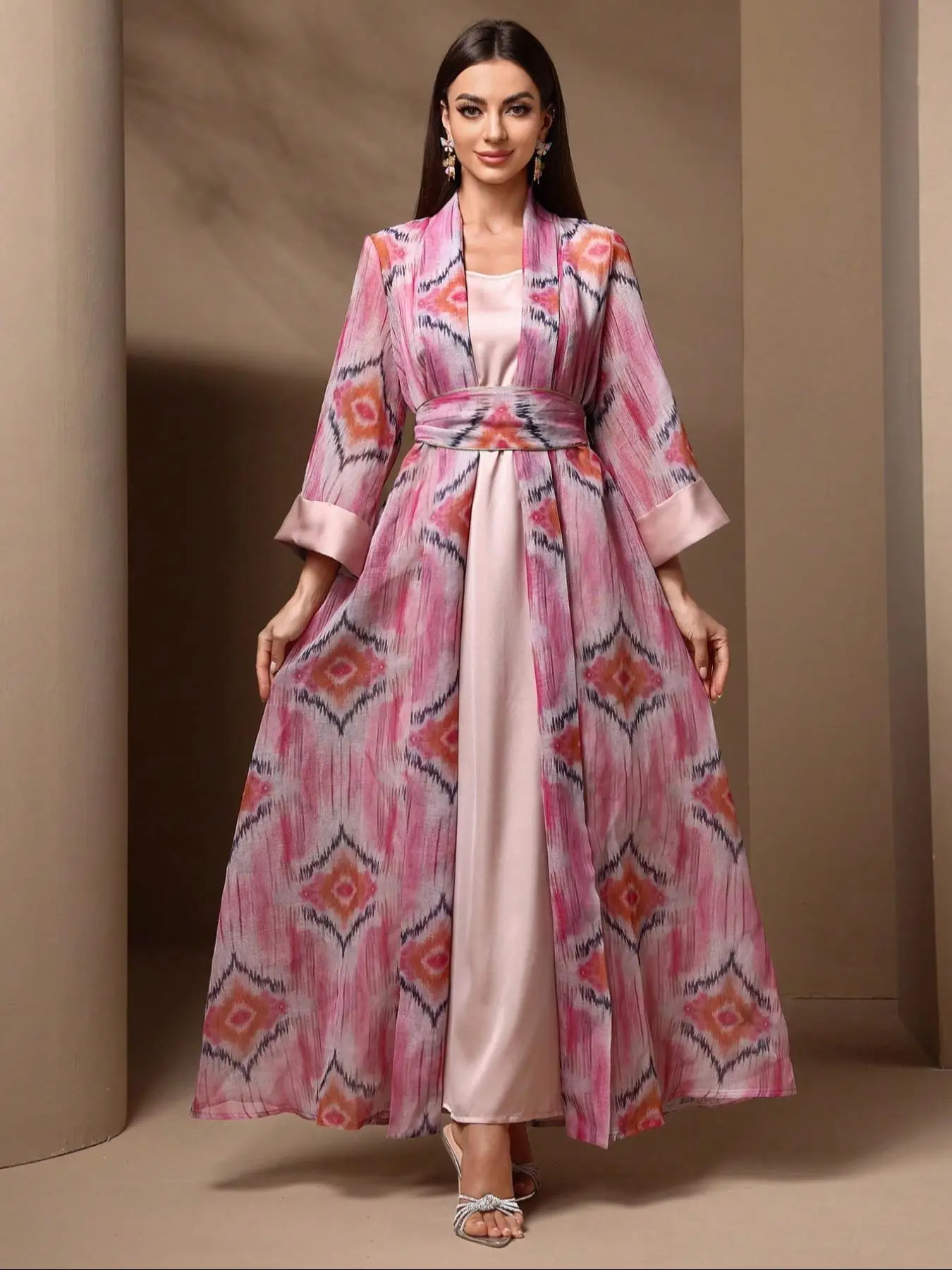 Women's Floral Print Long Sleeve Open Front Kimono & Belted Dress Set, Modest Two-piece Set for Daily Wear, Ladies Clothes for All Seasons