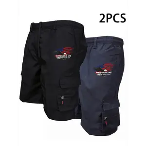 2pcs Creative American Flag Graphic Print Men's Loose Fit Waist Drawstring Cargo Shorts With Side Pockets For Summer Outdoor Leisure And Work
