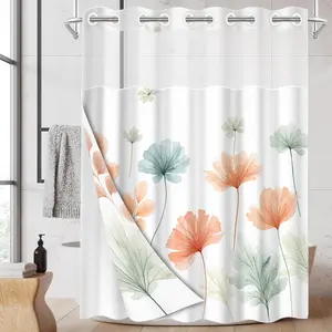 1pc hookless shower curtain with buckle lining, spring light pink and blue floral and butterfly design, 2D flat printing, fabric waterproof lining, see-through double-layer shower curtain, 71 x 74 inches, modern home draping curtain, Bathroom Curtain