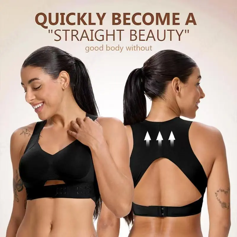Women's Wireless Posture Corrector Sports Bra, Racerback Cutout, Front Adjustable Buckle, Push-Up & Side Breast Support, Seamless Comfort for Daily Wear & Workout