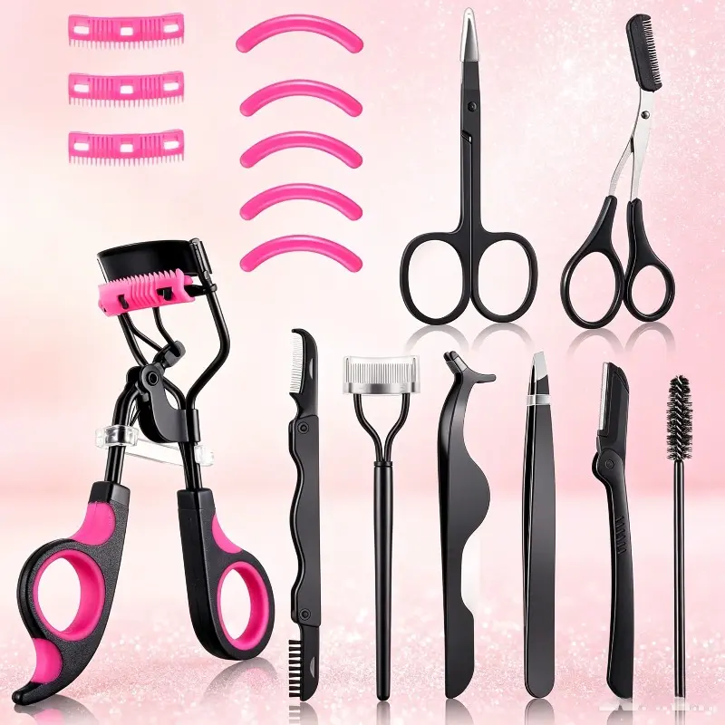 17Pcs Eyelash & Eyebrow Tool Kit (Purple), Eyelash Curler, Tweezers, Scissors, Lash & Brow Brushes, False Lash Applicator with Silicone Pads, Makeup Accessories