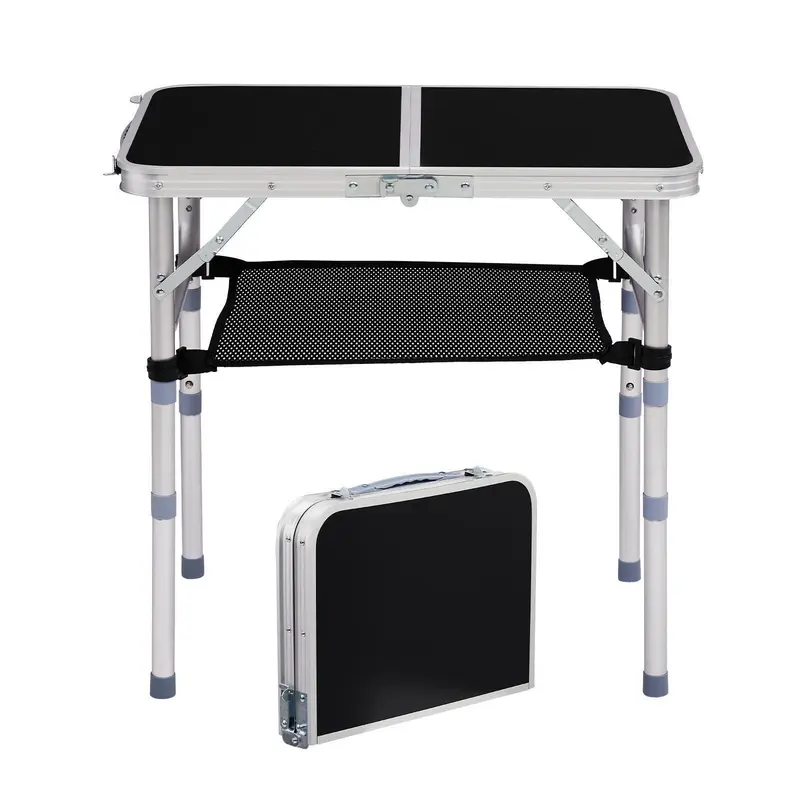 Karlhome Aluminium Picnic Folding Table - (24x15.7)in/(61x40)cm 2ft Patio Fit, 3 Adjustable Heights, Lightweight Outdoor Side Table with Carry Handle, Storage, Wipe-Clean Top, for Camping, Picnics, Black