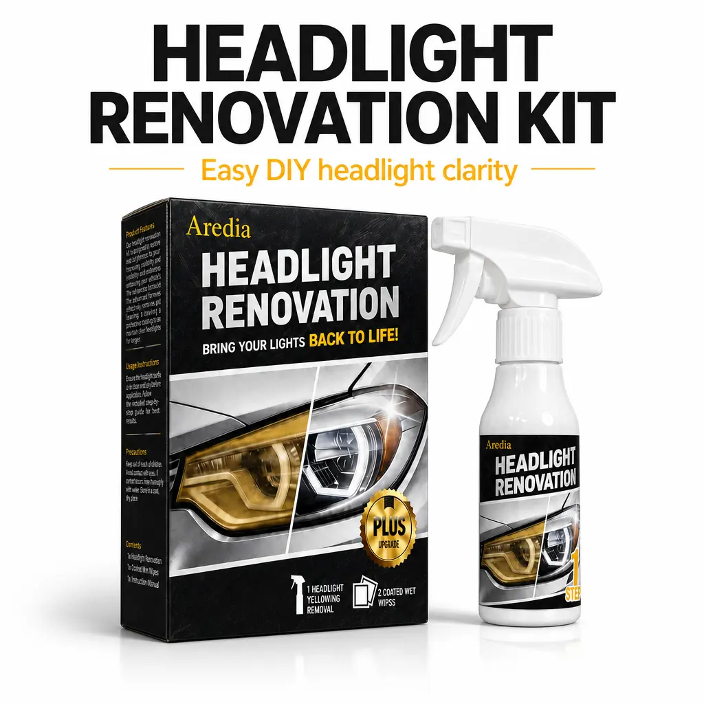 Headlight Restoration Kit Remove Yellowing Oxidation 2-Step Easy DIY No Tools Needed Crystal Clear Headlamp Renewal Spray with Protective Coating Wipes Glass Brush