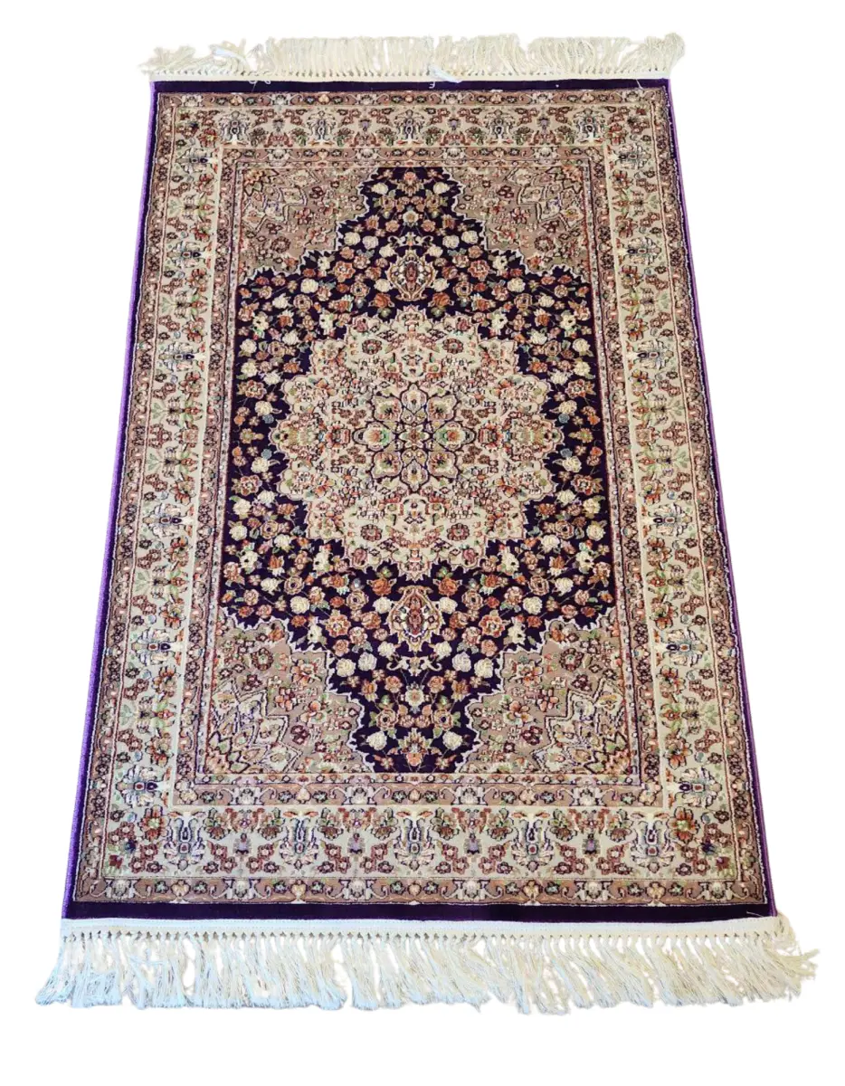 Persian Machine-Made Floral Medallion Pattern Rug with Shiny Royal Purple & Beige Colors 100 x 150 cm