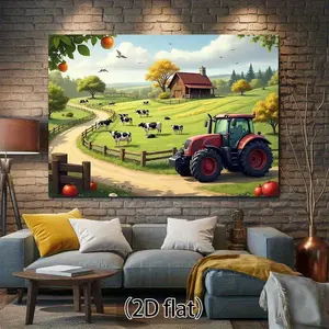 1-Piece Fabric Backdrop Banner Painting, 279.4x182.88 cm Farm Scene with Tractor, Cows, Fruit Trees for Country-Themed Photography, Rustic Home Decor