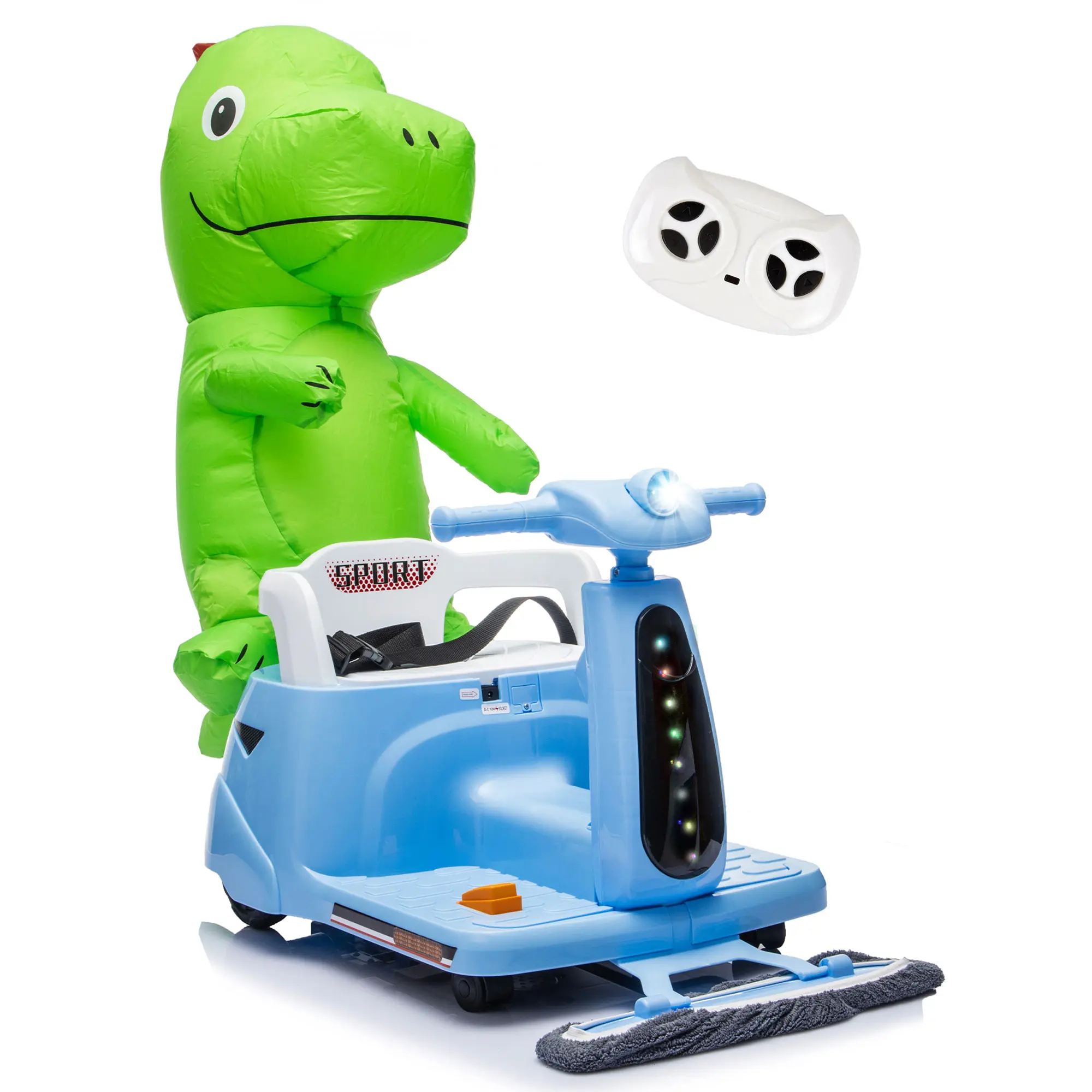 Summerwins 12V 2-in-1 Kids Ride-On Electric Cleaning Car for Toddlers 2-4, 2.4G Wireless Parent Control, 1-Touch Steering, 360° Spin, Detachable Mop Cloth, Specialized Wheels, LED Light Ride, Bluetooth Music, Indoor Play