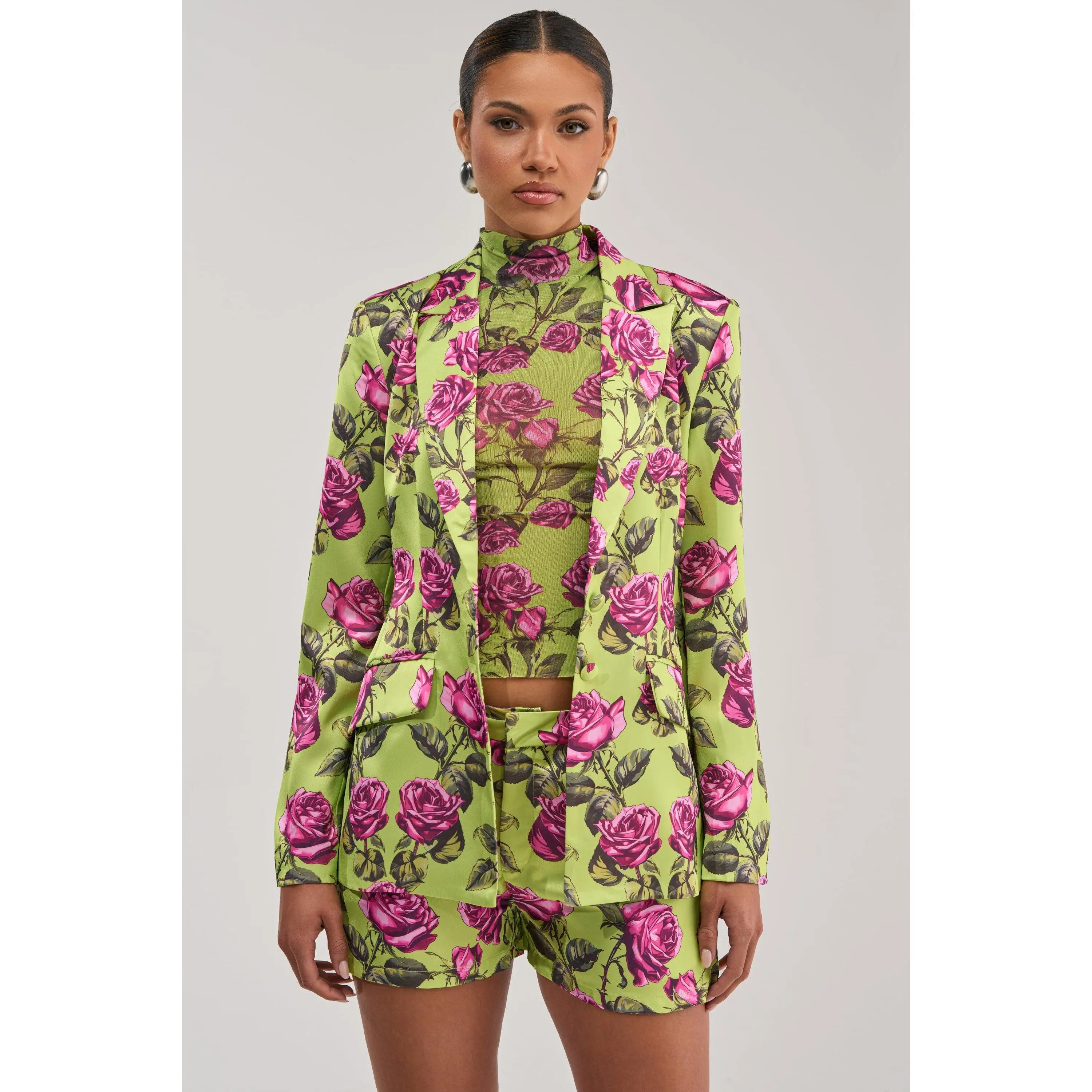DOZEN ROSES SATIN BLAZER IN CHARTREUSE
