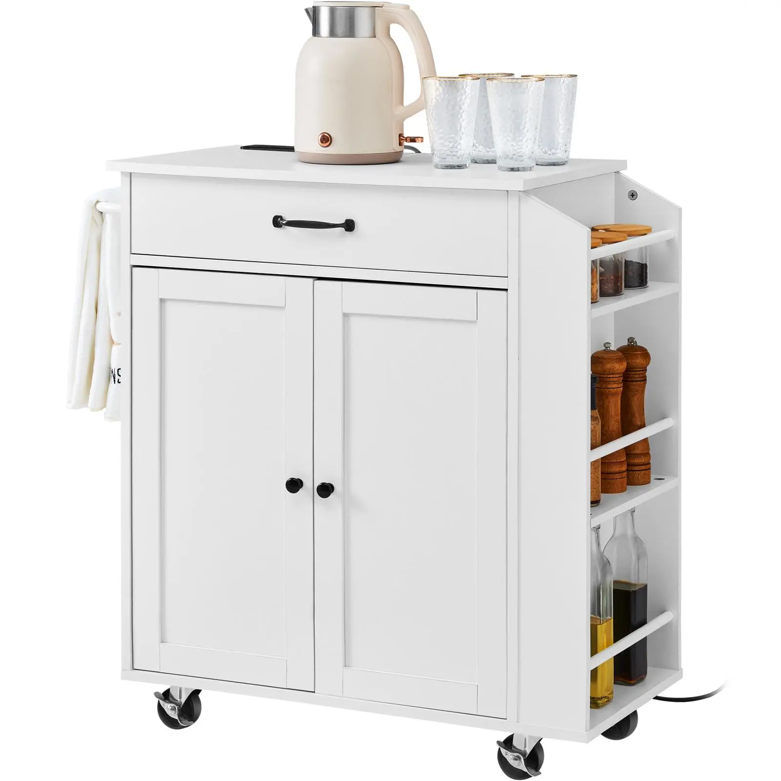 【SummerFinds】VEVOR 32x15x34 inch Kitchen Island Cart, Portable Rolling Kitchen Island with 360-Degree Rotating Wheels, Power Outlet, Spice Rack, Towel Bar, Adjustable Shelf, Drawer, Storage Cabinet, White (for Dining & Living Rooms), Coffee Bar, With Draw