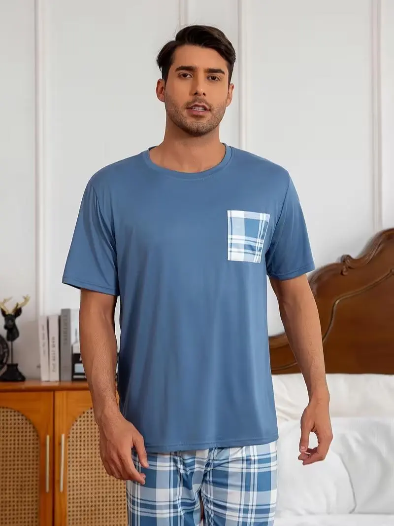 2Pcs Men Sleepwear Set, Solid Blue Short Sleeve Top with Pockets + Plaid Long Trousers Pajamas