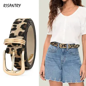RISANTRY Women's Leopard Print Faux Leather Belt with Gold Buckle Adjustable Stylish Waist Belt for Jeans Dresses & Casual Wear