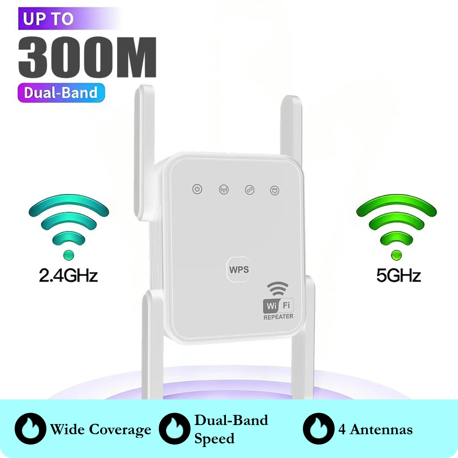 Dual-Band 802.11n WiFi Repeater - 300Mbps, 2.4GHz-5GHz Frequency, 4 Antennas, Up to 2000 Sq Ft Coverage, Signal Boosting, Eliminates Dead Zones, Easy Plug & Play Setup, Supports 50+ Devices, Home & Office Use