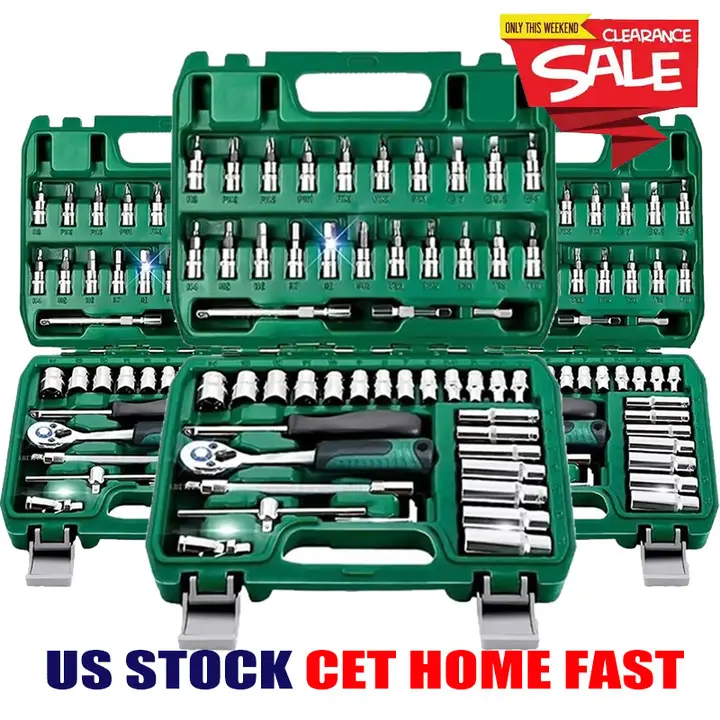 Professional Auto Repair 53 pcs Tool Set, 1/4", 3/8", 1/2" Drive Depth and Standard Sockets, Ratchet Wrench Set, S2 and CR-V Sockets, Quick Ratchet Wr
