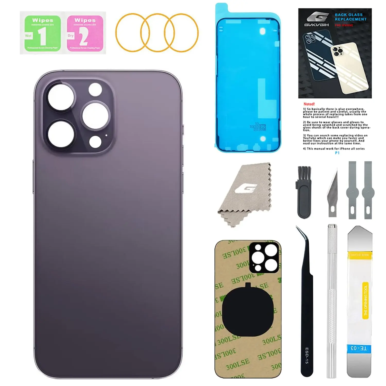 GUPFIX Back Glass Replacement for iPhone 14 Pro with Pre-Installed Adhesive & Repairing Tool Kits, Includes Big Hole Rear Back Cover Glass