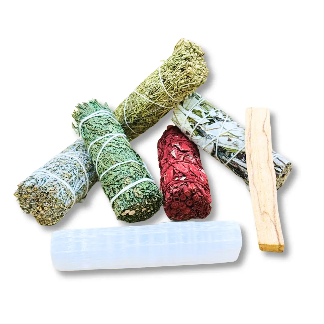 Deep Protection and Cleansing Sage Pack + Palo Santo + Selenite Wand Crystal Set