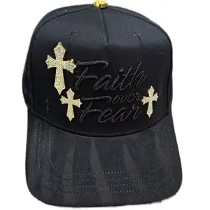 Hat Faith Over Fear Black Gold Crosses Crystals Edition with Embroidered Script and Sparkling Accents