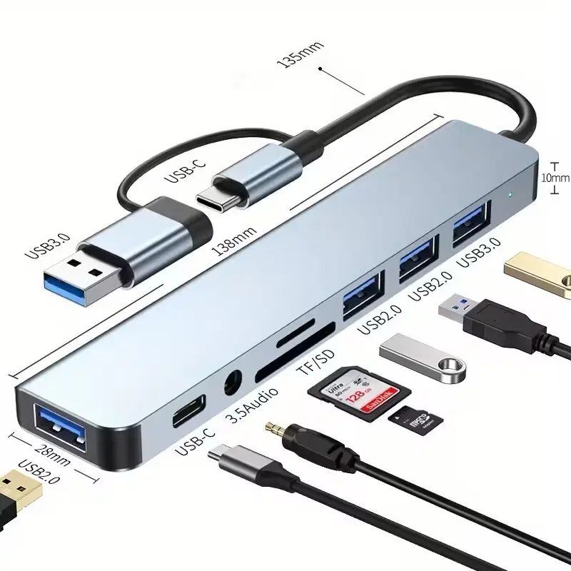 8 in 1 USB-C (Can Convert to USB) USB Hub Multiport Adapter, Convertible USB & Type-C Docking Station with Type C, USB 3.0/2.0, SD/TF Card Slots, Audio Port, Lightweight Slim Design for Laptop, Tablet, Computer
