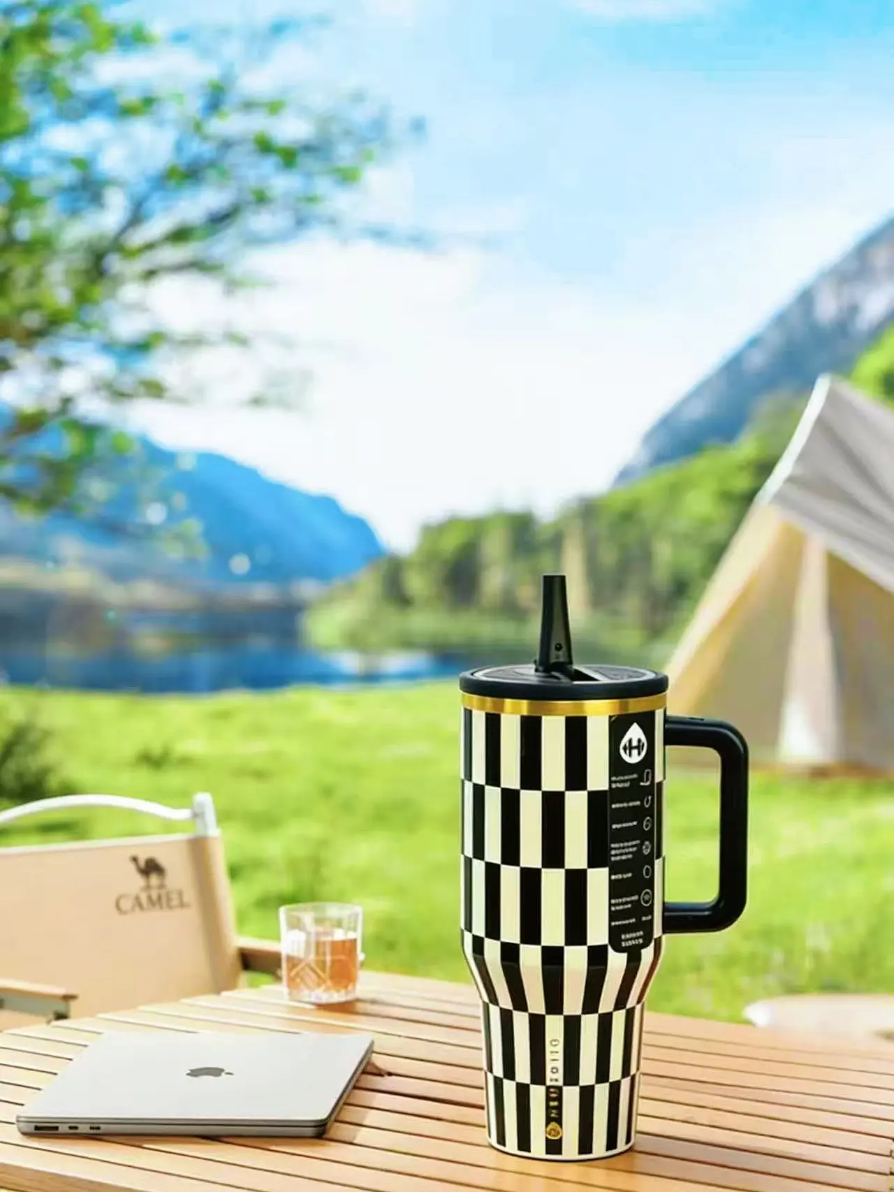 HydroJug 40oz Checkerboard Vacuum Insulated Stainless Steel Flask - Portable Stylish Vacuum Insulated Tumbler, Engine-Themed, Leakproof Lid, Straw, Handle, 1 Bottle for Tea Coffee Water, Outdoor On-the-Go Hydration, Flasks