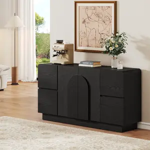 【Curved Design】ONBRILL 60 Inch Sideboard with 4 Drawers & Adjustable Shelves, Curved Design Buffet Cabinet with Arched Doors, Mid Century Modern Accent Cabinet, Dining Room Furniture, Living Room Furniture