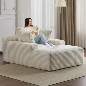 Oversized Chaise Lounge Chair Cozy Cloud Couch, Modern Plush Corduroy Upholstered Sleeper Sofa Daybed with 3 Throw Pillows and Wide Armrest for Living Room, No Assembly Required,White