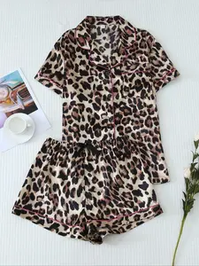 Women's Leopard Print Satin Pyjama Set, Casual Comfy Short Sleeve Pocket Shirt & Elastic Waist Shorts PJ Set, Ladies Summer Sleepwear