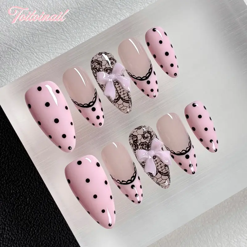 Lolita Pink Lace Handmade Press-On Nails | Medium Almond Shape, 10pcs | Sheer Nude Pink Base with Black Polka Dot Lace & Pink Bow Decor | Sweet Spicy Aesthetic | Daily Styling Wear, Reusable False Nails Nails Art, Decorative Nails, Fake Nails