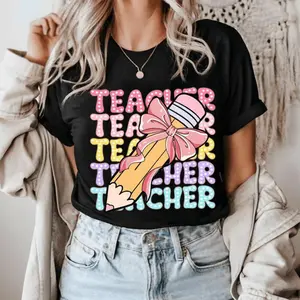 Teacher Tee Featuring Pencil Coquette Bow and Bright Doodle Graphics