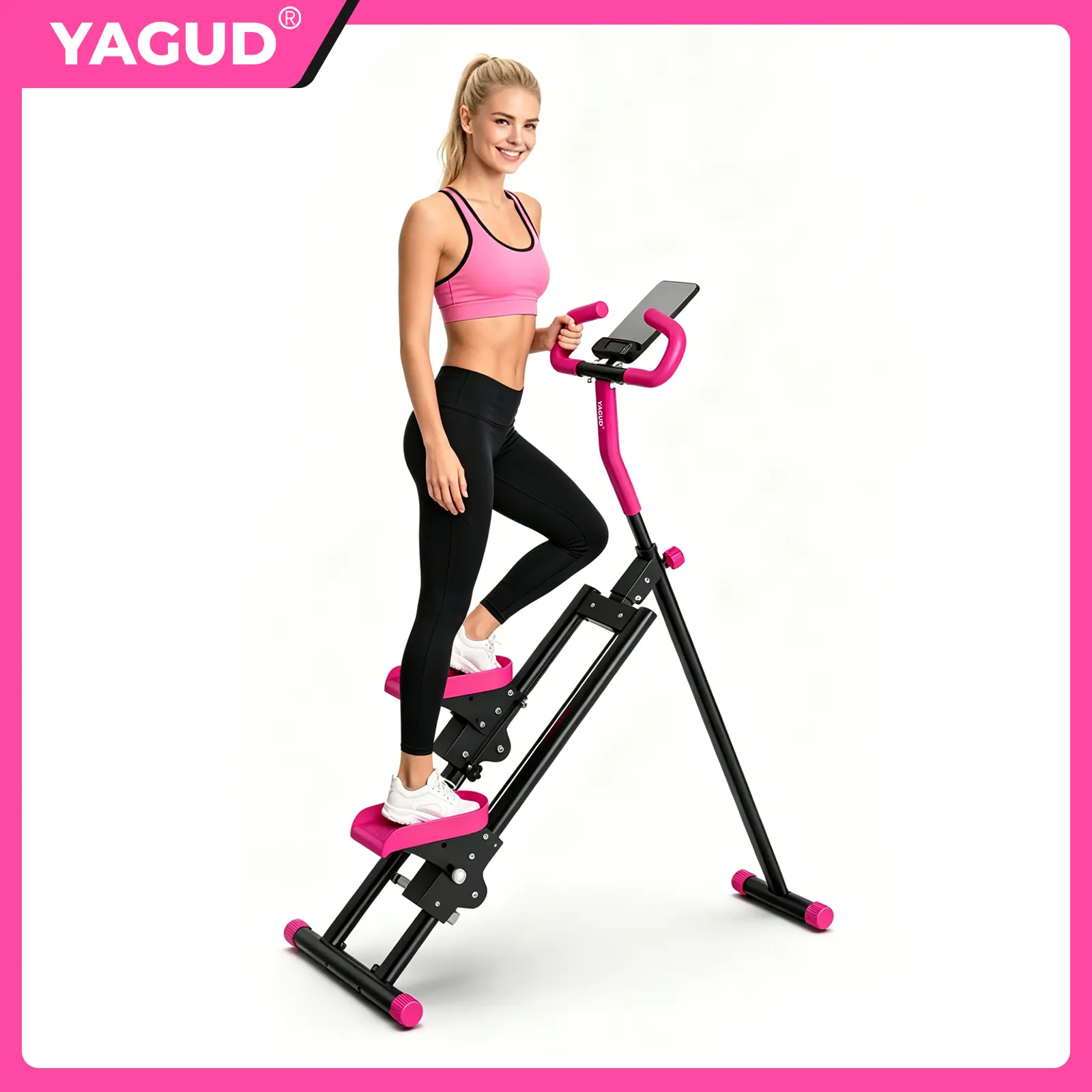 YAGUD Stair Stepper for Home Gym, Adjustable Handlebar & Extended Step Range Stair Climber Machine, Compact Folding Stairmaster for Legs & Core Workout, Purple / Dragon Fruit Pink