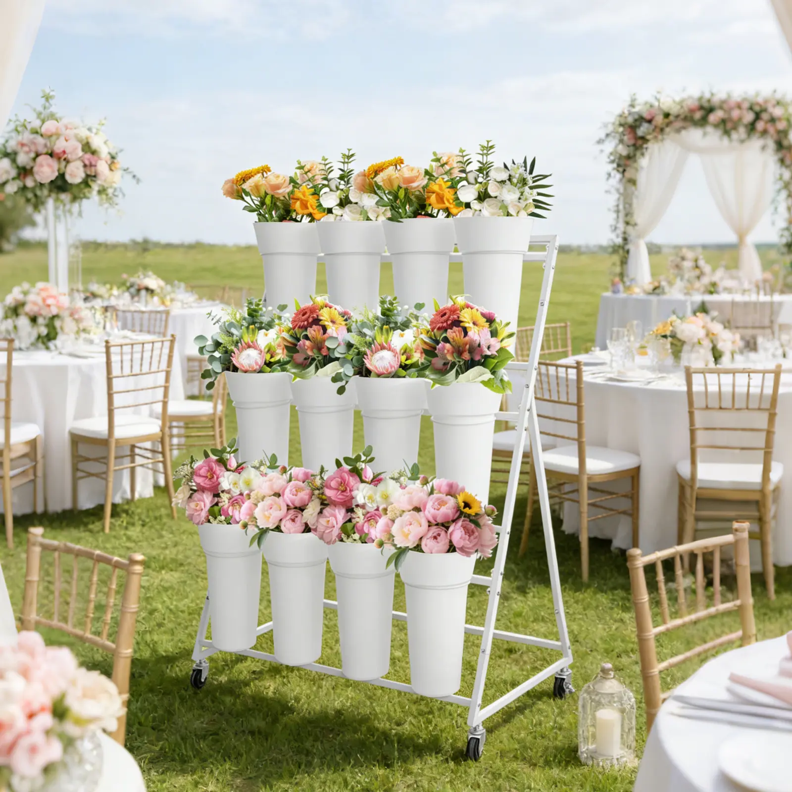 Garvee 3-Tier Gold & White Metal Flower Cart, 12 Removable Round Buckets & Lockable Wheels, Heavy Duty Mobile Plant Stand for Garden, Patio, Wedding, Florist Shop & Café Decor