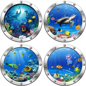 4 PCS Removable 3D Under The Sea Nature Scenery Wall Decals Animals Wall Sticker Home Wall Art Decor for Bathroom Bedroom Door Nursery Room Includ Sea Turtles Dolphins Sea Lions Coral - Home Improvement Decorative Ornaments